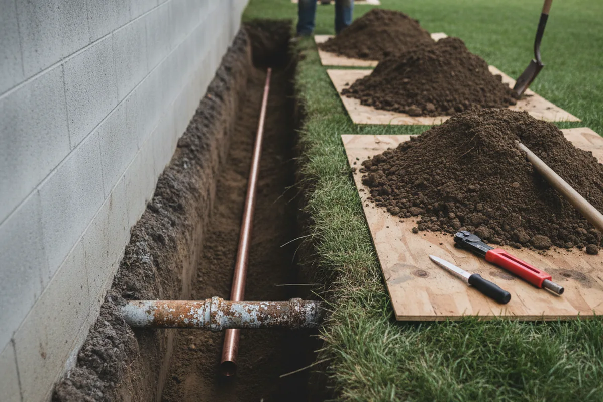 Excavated water line trench during Water Heater Repair in East Texas
